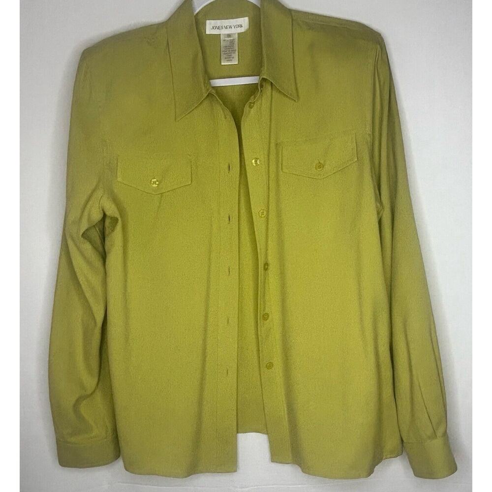 Jones New York 100% Silk Button Up Long Sleeve Blouse Shirt Top Sage Green Sz 14